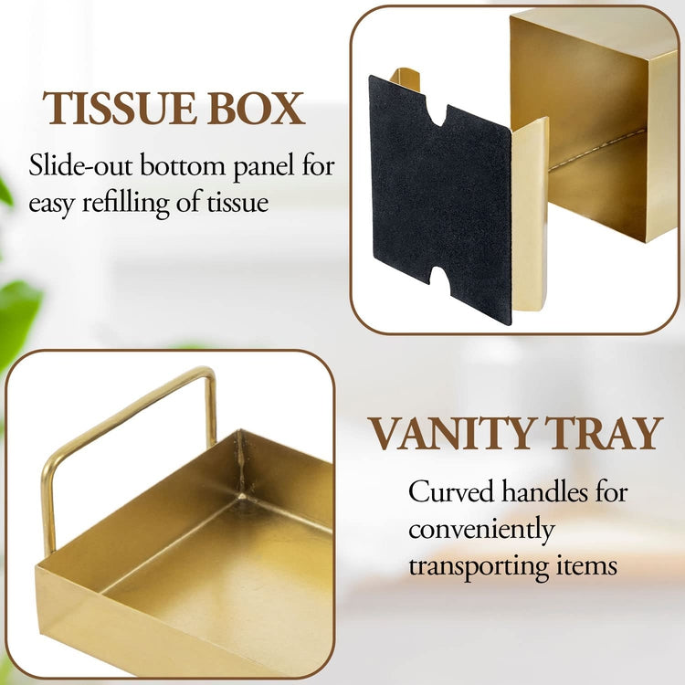 4 Pc Bathroom Accessories Set, Brass Tone Vanity Combo with Tissue Box Cover, Soap Dish, Clear Glass Jar, Vanity Tray-MyGift