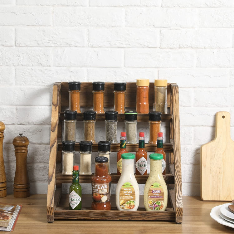 Rustic Dark Brown Wood Countertop Step 4-Tier Spice Jar Holder Display Rack