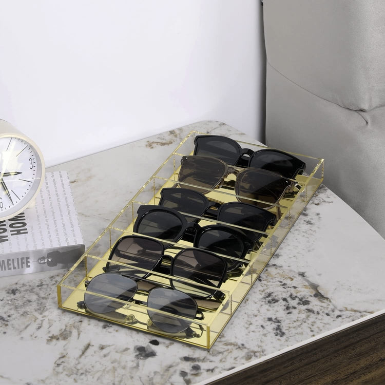 Acrylic Sunglass Storage Tray with Brass Tone Reflective Mirror Base, Tabletop Eye Glasses Holder Organizer Case Display