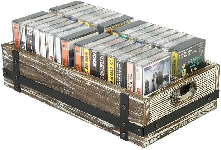 Torched Wood Retro Audio Cassette Tape Storage Box with Matte Black Metal Bracket Accents-MyGift