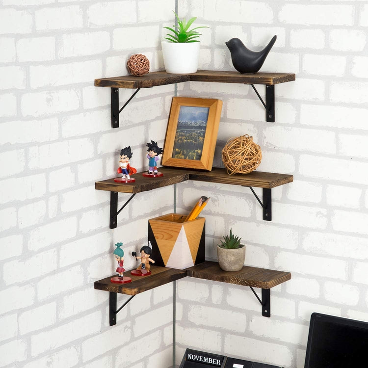 Set of 3 Rustic Burnt Wood & Black Metal Corner Display Shelves
