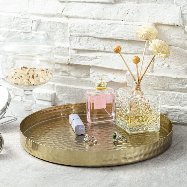 Hammered Brass Round Tray, Aluminum Plated Serving Display Platter, Centerpieces and Vanity Tray