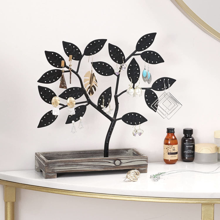 Matte Black Tabletop Leaf and Tree Design Jewelry Organizer with Torched Wood Ring Dish Tray-MyGift