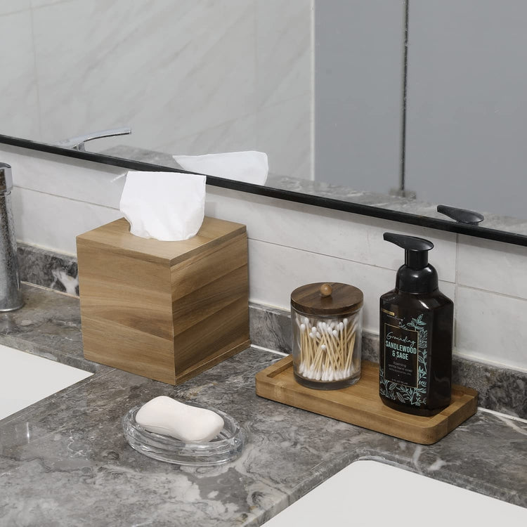 5 Piece Bathroom Accessory Vanity Set with Acacia Wood Tissue Box Cover, Tray, Oval Glass Soap Dish, and Cotton Swab Canister