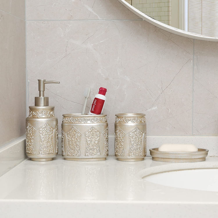 Silver Embossed Pattern Bathroom Accessory Set with Soap Dish, Tumbler, Toothbrush Holder, Pump Dispenser