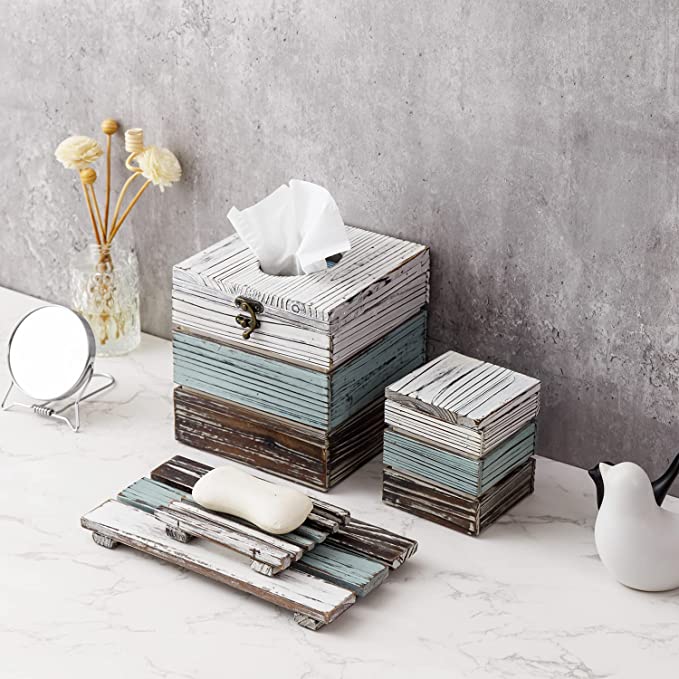 Bathroom Accessories Set with Soap Dish, Vanity Tray, Cotton Swab Holder and Wood Tissue Holder