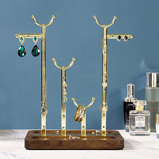 Multi-Level Jewelry Display Rack, Tabletop Brass Tone Metal Necklace Hanger and Earring Storage