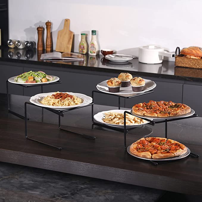 Tabletop Black Metal Pizza Pan Riser Stands, Food Platter Tray Display, Set of 6