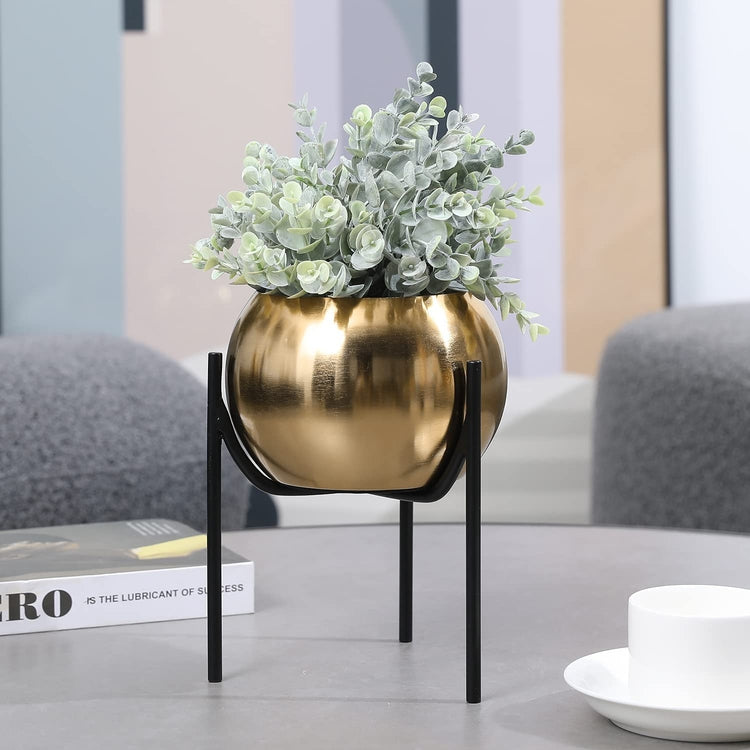 Brass Plated Metal Round Succulent Planter Pot with Black Metal Display Riser Stand-MyGift