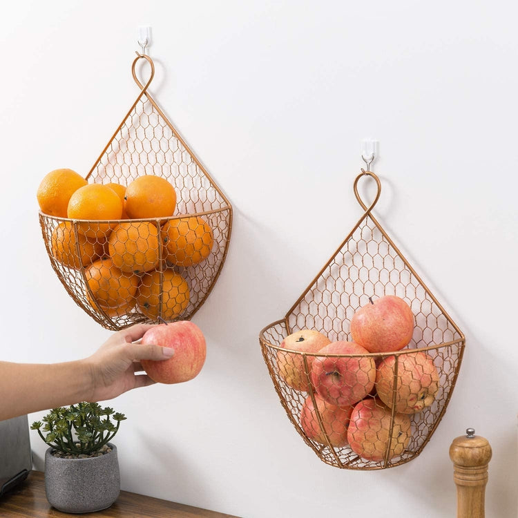 Copper Metal Chicken Wire Wall Hanging Produce Baskets, Set of 2