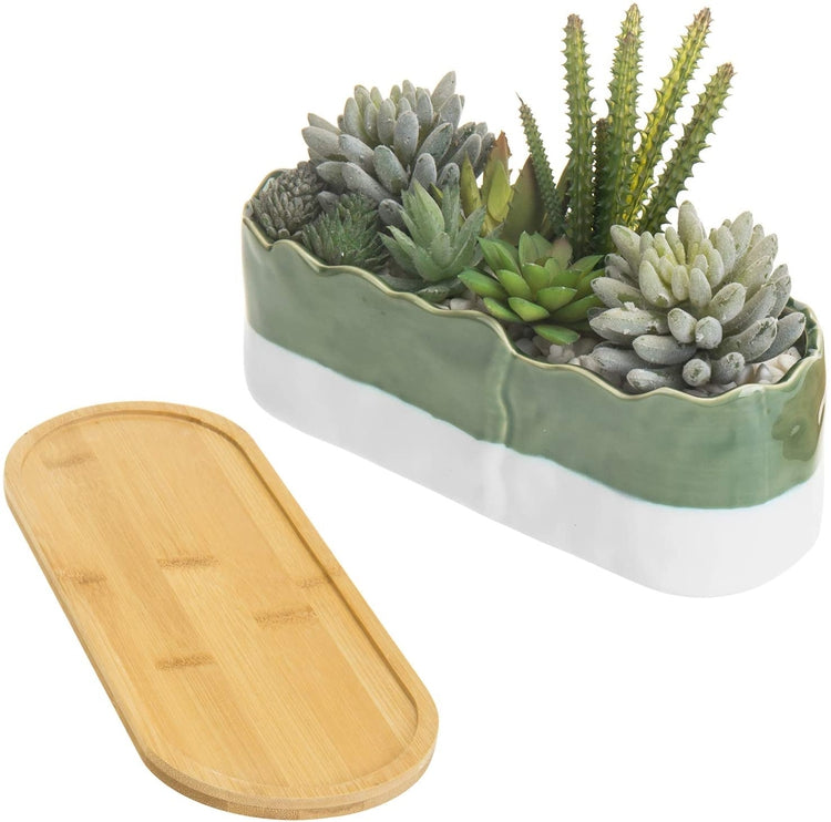 White & Green Rough Edged Glazed Ceramic Planter with Bamboo Tray, 11-Inch Size-MyGift