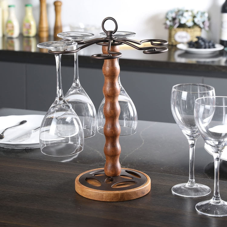 Brown Wood and Antique Bronze Metal Scrollwork Old World Style Wine Glass Holder Hanger Rack-MyGift