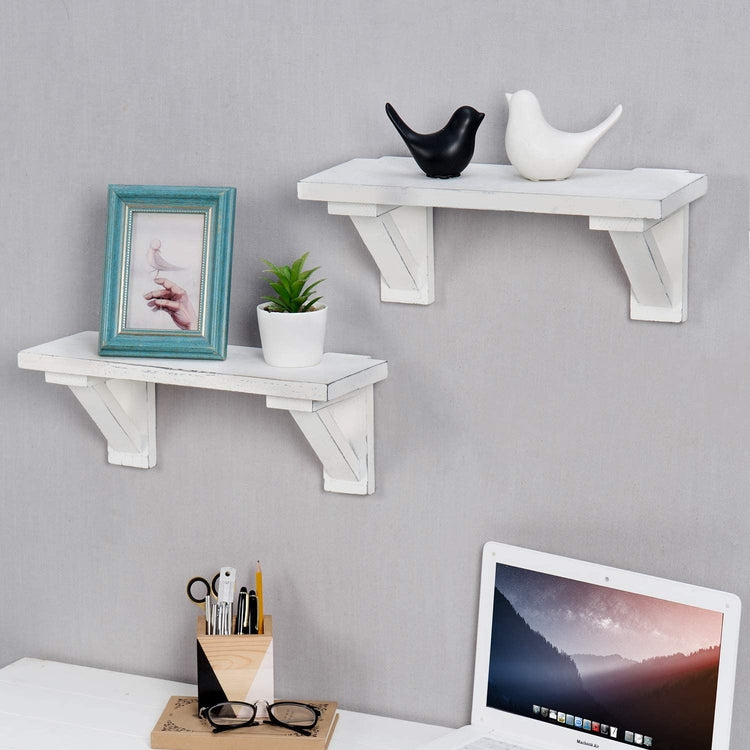 Wood Floating Wall Shelves in Vintage White, Set of 2