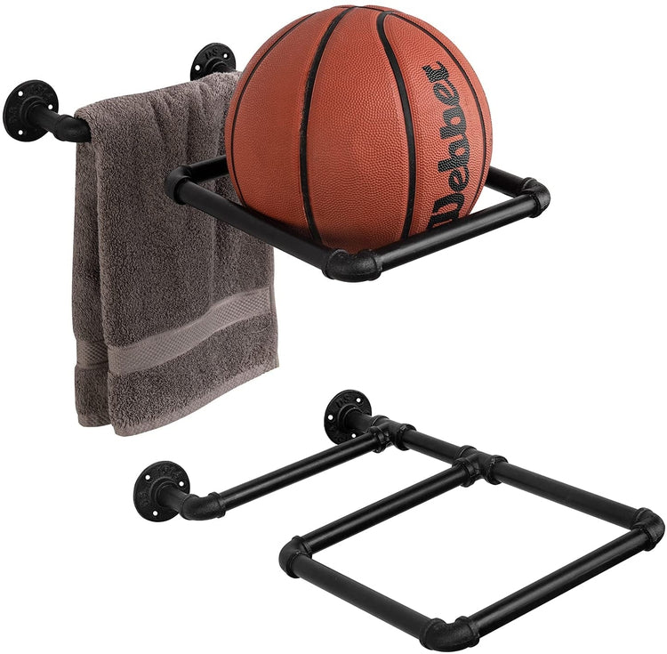 Set of 2, Wall Mounted Black Industrial Pipe Exercise Ball Storage Racks-MyGift