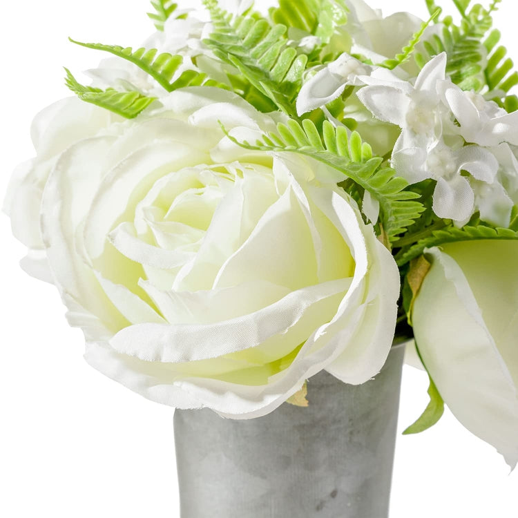 White Faux Roses Artificial Flower Bouquet Arrangement in Rustic Galvanized Metal Vase-MyGift