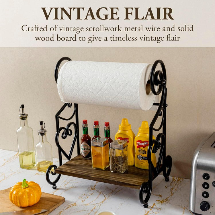 Freestanding Black Metal Heart Scrollwork Paper Towel Holder with Burnt Wood Shelf for Spice Jars and Condiment Bottles