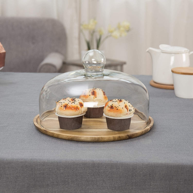 Acacia Wood Cheese & Dessert Cake Plate with Glass Dome-MyGift