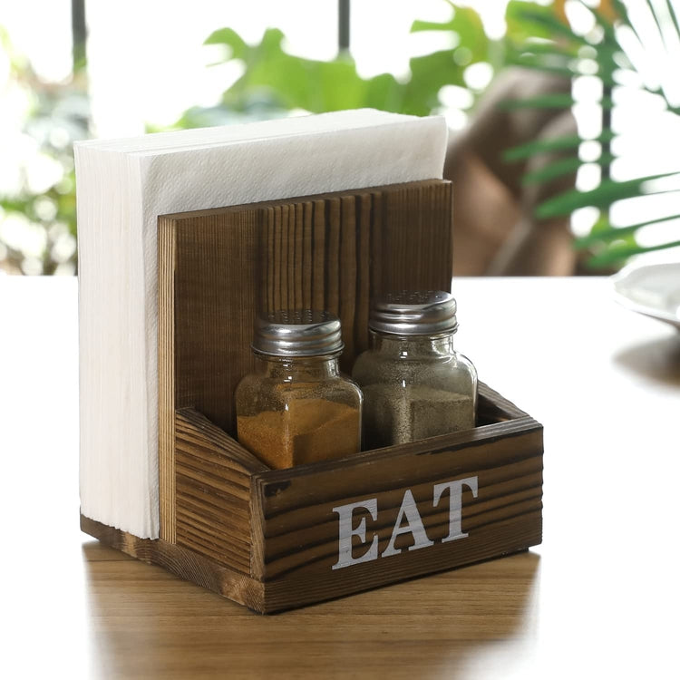 2 Compartment Brown Wood Napkin Holder Rack with Spice Shakers, Condiment Bin and Printed EAT Label-MyGift