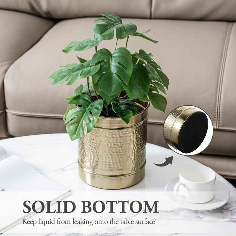 6.5 Inch Hammered Brass Tone Metal Planter Pot with Embossed Ring Design, Decorative Plant Container-MyGift