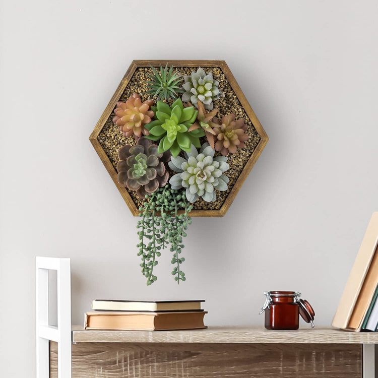 3D Art Wall Hanging Succulents, Vertical Hexagonal Burnt Wood Plant Box, Artificial Faux String of Pearls Arrangement
