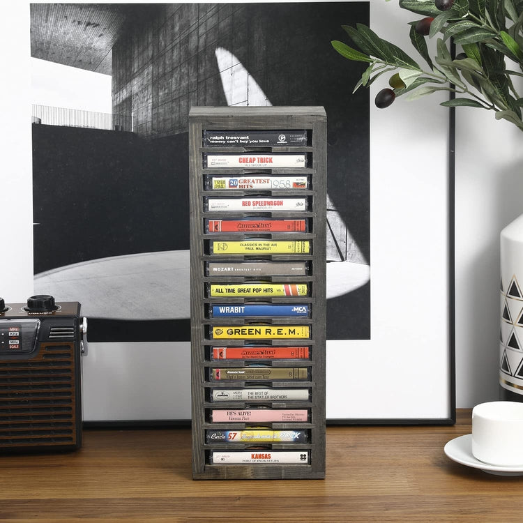 16-Slot Gray Solid Wood Freestanding Retro Cassette Tape Storage Rack Tower-MyGift