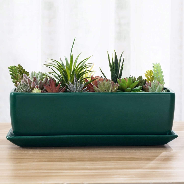 Turquoise Rectangular Ceramic Succulent Planter Box with Saucer, 14-inch Modern Window Plant Pot-MyGift