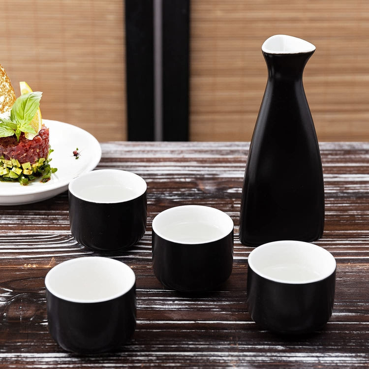 5 Piece Black and White Ceramic Sake Serving Set with Carafe and 4 Glasses