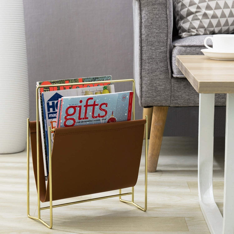 Brass Plated Metal Wire and Caramel Leatherette Sling Rack, Freestanding Magazine Holder-MyGift