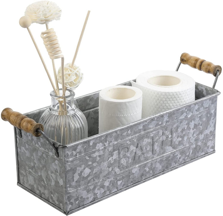 Galvanized Metal Rectangular Storage Basket with Wood Handles, Bathroom Toiletries Holder, Organizer Bin with BATH Label-MyGift