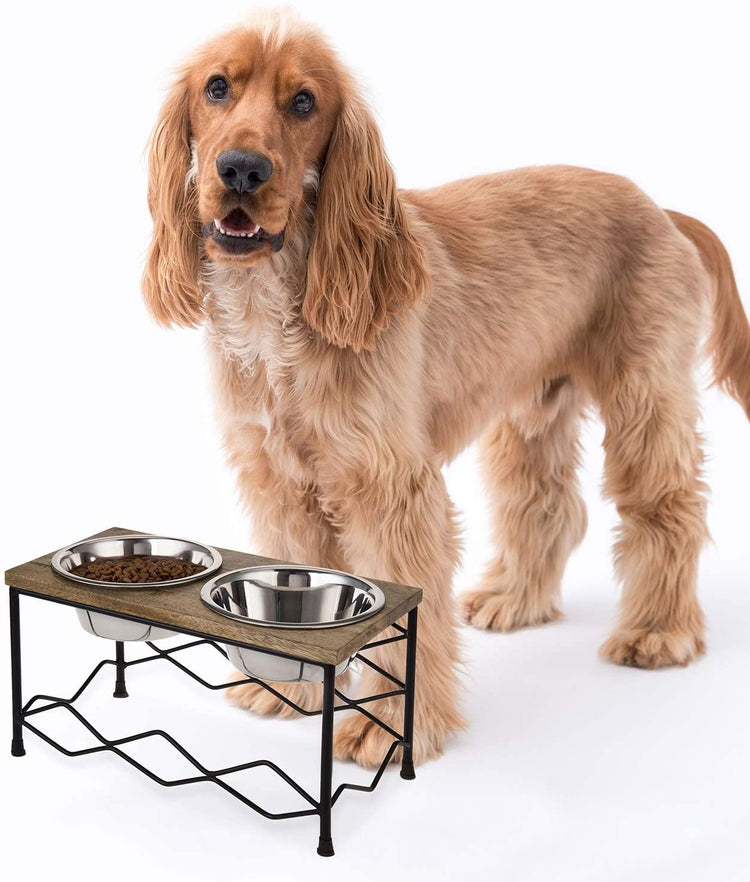 Natural Wood & Black Metal Lattice Style Elevated Double Pet Feeder with 2 Stainless Steel Bowls-MyGift