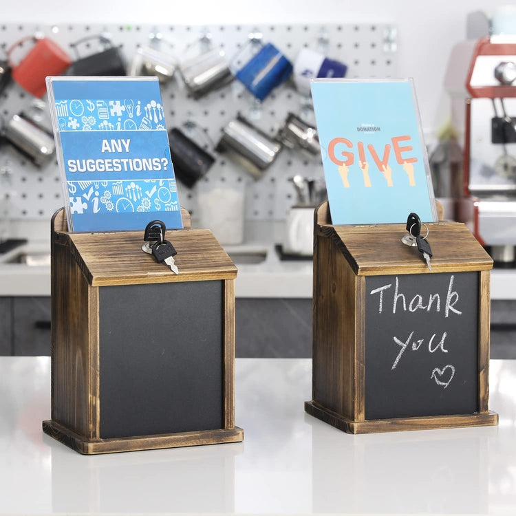 Burnt Wood Wall Mountable Tip Box, Donation Bin, Locking Comment Ballot Box, Clear Acrylic Sign and Chalkboard, Set of 2