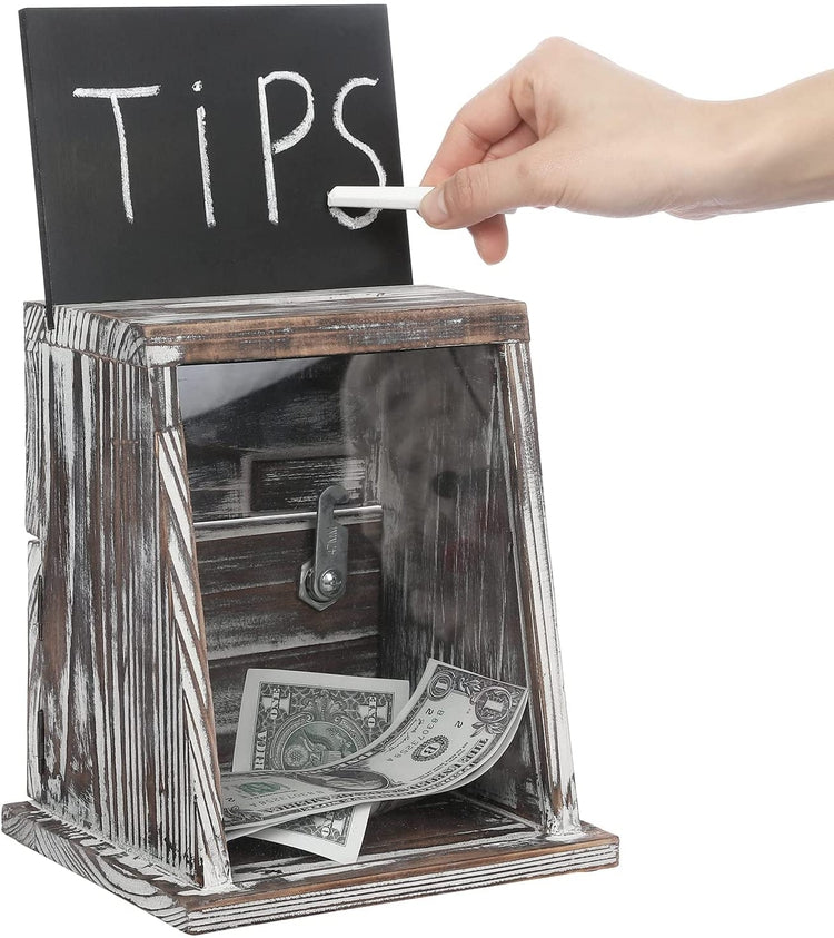 Torched Wood Donation Box with Lock, Tip Box, Suggestion Box with Chalkboard Sign and Clear Acrylic Sign Holder-MyGift