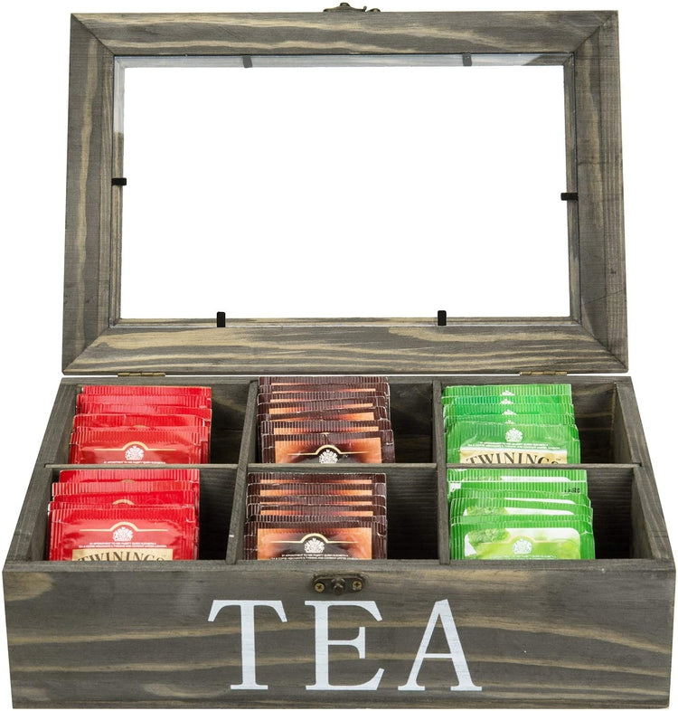 6-Compartment Vintage Gray Wood Tea Bag Storage Box with Clear Lid and Hinge Lock-MyGift