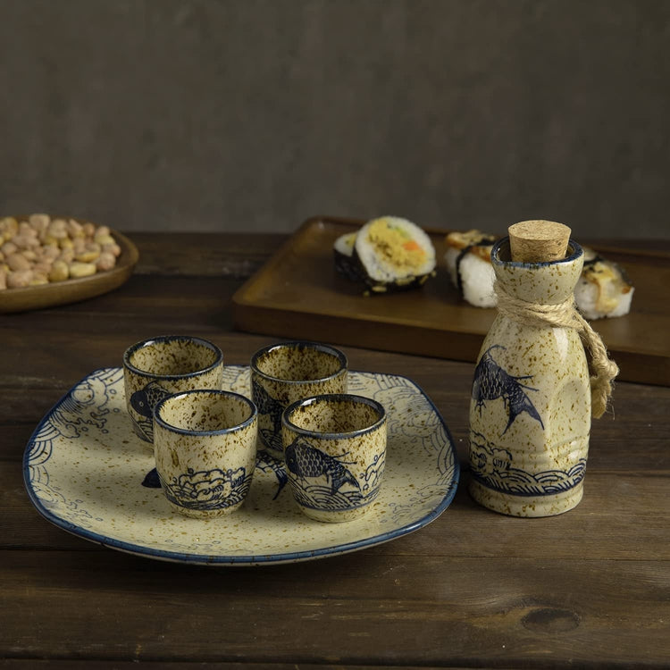 Japanese Ceramic Sake Set with Dapple Glazed Finish and Koi Fish Design, Cork Lidded Carafe, 4 Sake Cups, Serving Plate-MyGift