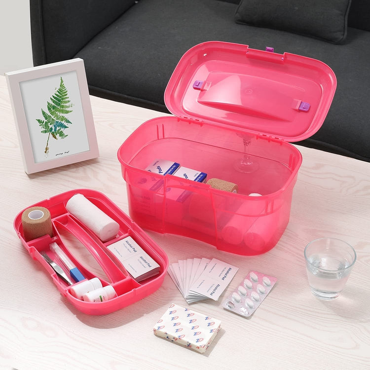 Heavy Duty Plastic First Aid Kit Storage Bin, Arts & Crafts Carrying Case with Removable Tray