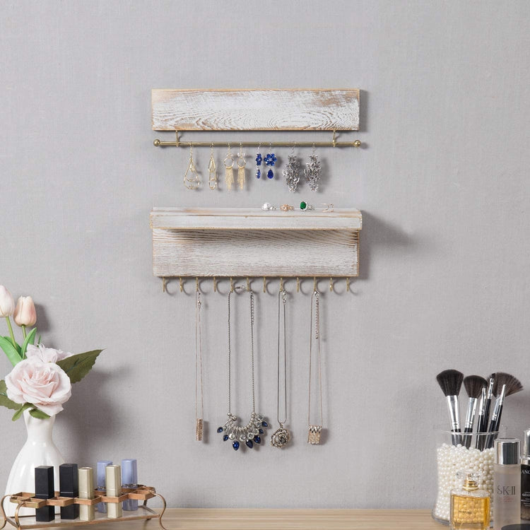 2 Piece Wall Mounted Jewelry Bar and Shelf with 12 Hooks, Shabby Whitewashed Wood Necklace Storage-MyGift