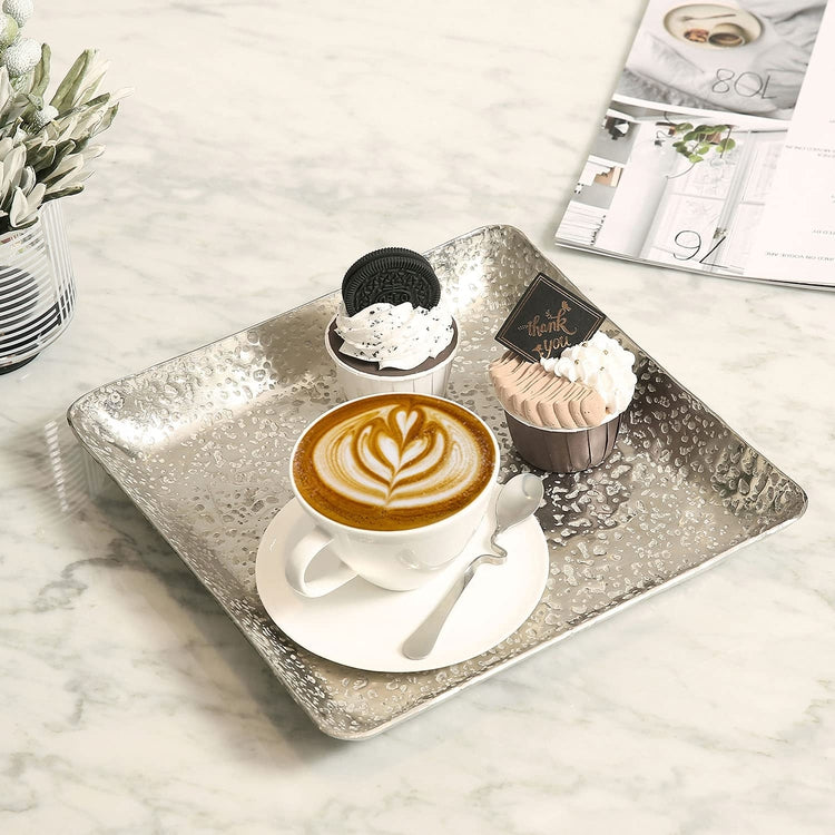 12 Inch Square Textured Silver Metal Decorative Tray, Large Centerpiece Display Serving Tray-MyGift