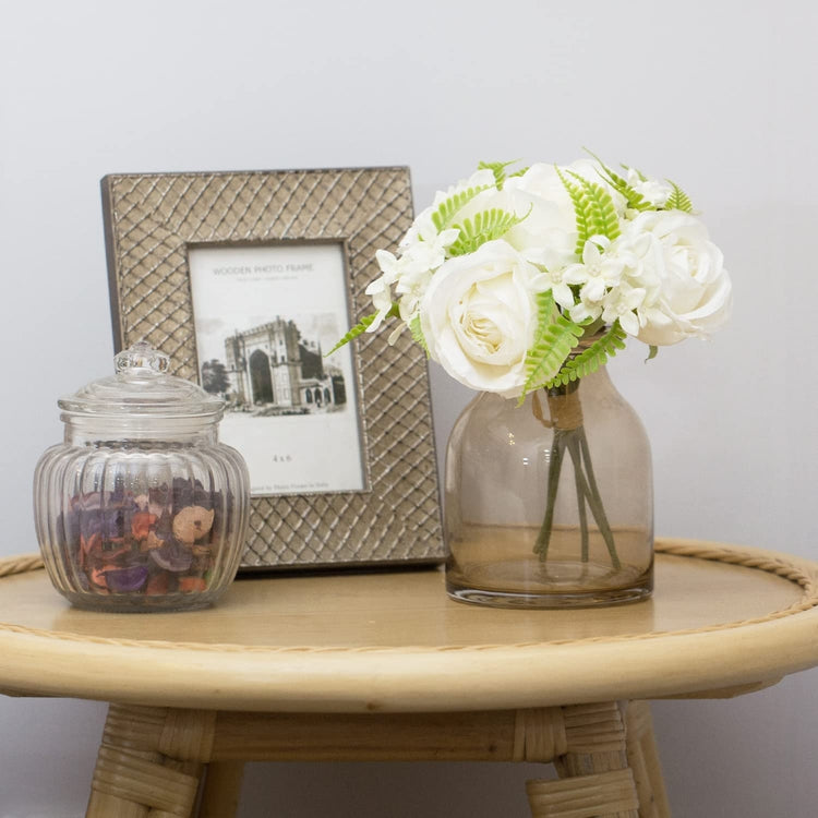 White Artificial Rose Fake Flowers Bouquet with Mid Century Style Mini Amber Tone Glass Vase-MyGift