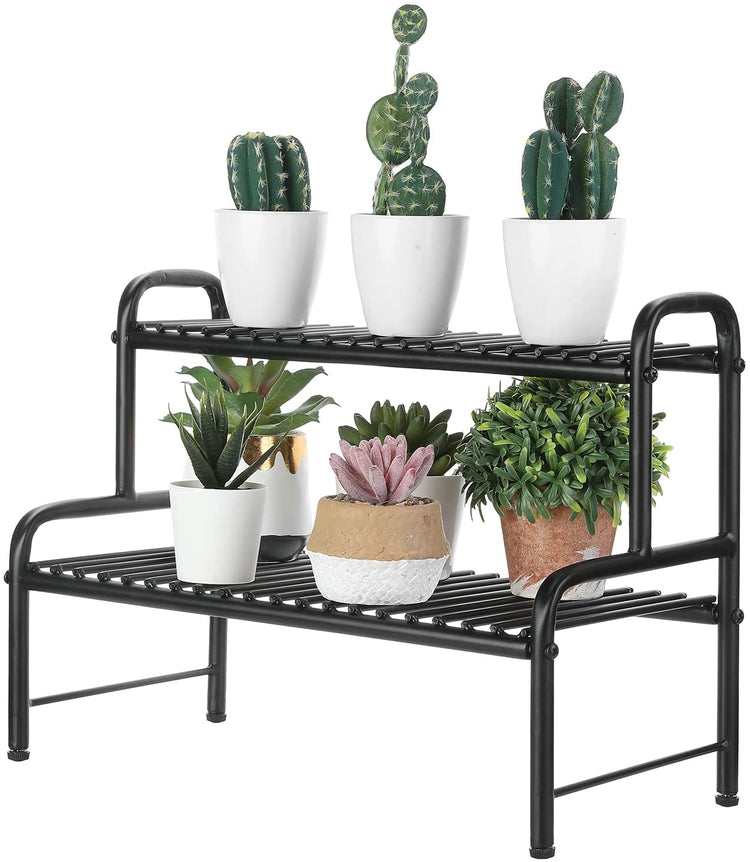 Industrial Black Metal Plant Stand Indoor Rack, Small 2 Tier Planter Pot Shelf, Multipurpose Desktop Display Shelving