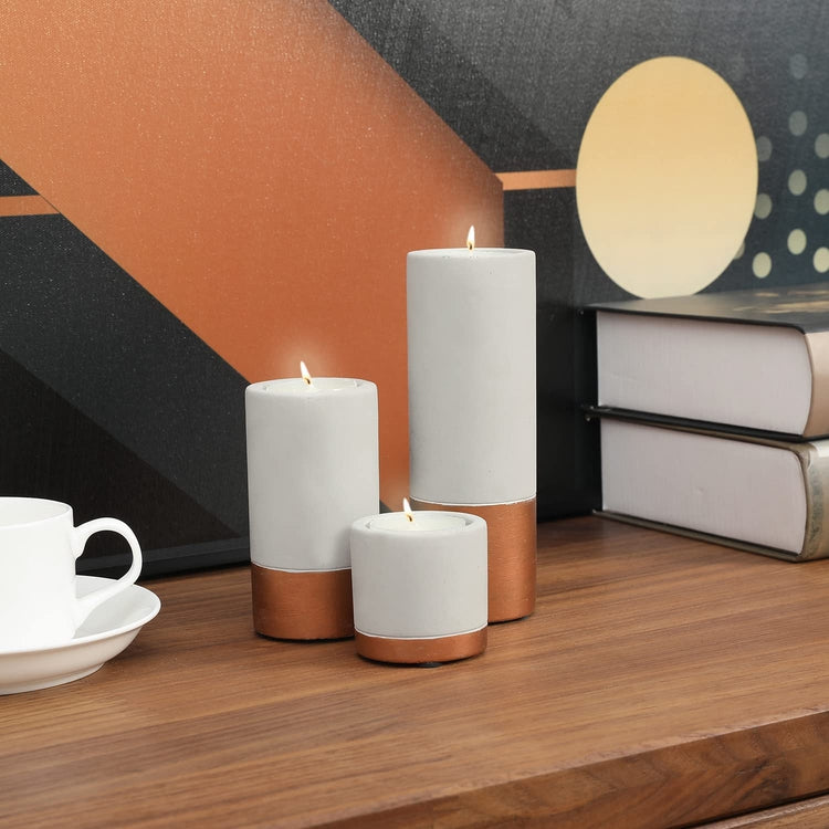 Gray Concrete Cylindrical Tealight Votive Holder Candle Stick with Copper Tone Accent, Set of 3 Cascading Sizes