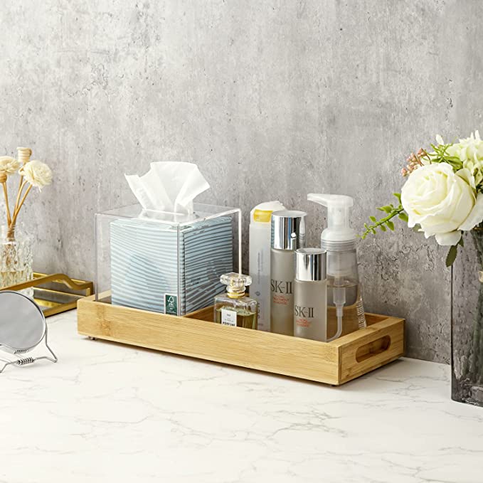 Bamboo Vanity Toilet Tank Display Storage Tray with Clear Acrylic Square Tissue Box Cover and Cutout Handles-MyGift