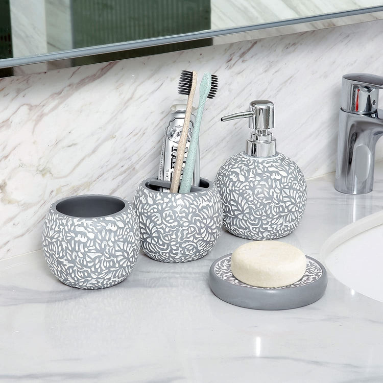 4 Piece Gray Embossed White Floral Pattern Bathroom Set with Soap Dish, Tumbler, Toothbrush Holder and Pump Dispenser-MyGift