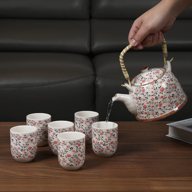 Japanese Ceramic Tea Service Set Pink Rose Pattern Design, Teapot with Bamboo Top Handle, Tea Leaf Strainer, 6 Teacups-MyGift