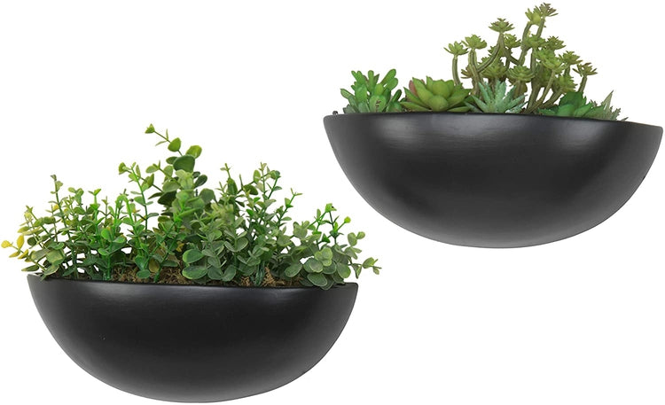 Set of 2, 12 Inch Matte Black Ceramic Half-Moon Wall Mounted Planter-MyGift