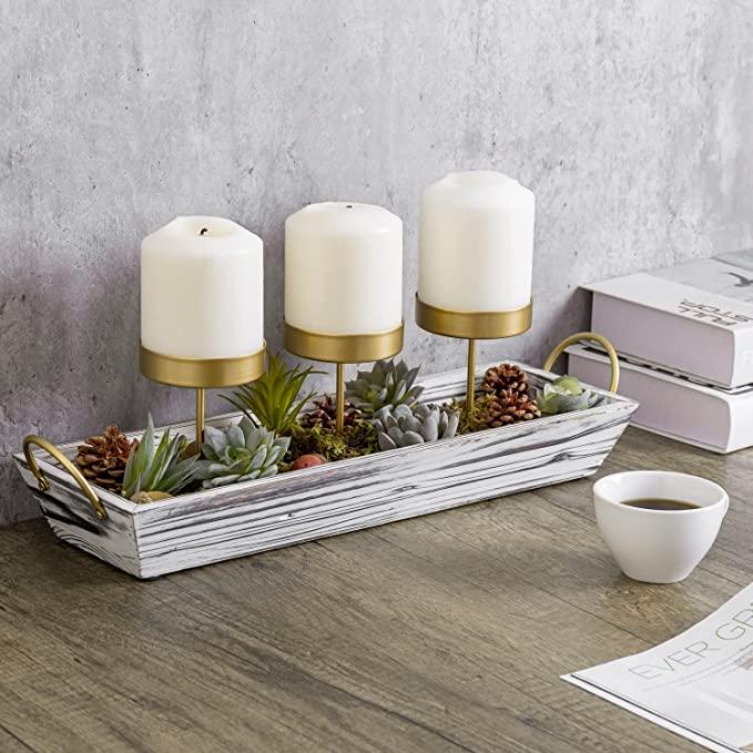 3-Pillar Candle Holder Centerpiece, Tabletop Candleholder with Artificial Succulent Plants