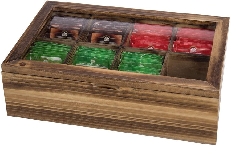 Burnt Wood Tea Bag Storage Box with 8-Compartments, Clear Display Lid, and Magnetic Closure-MyGift