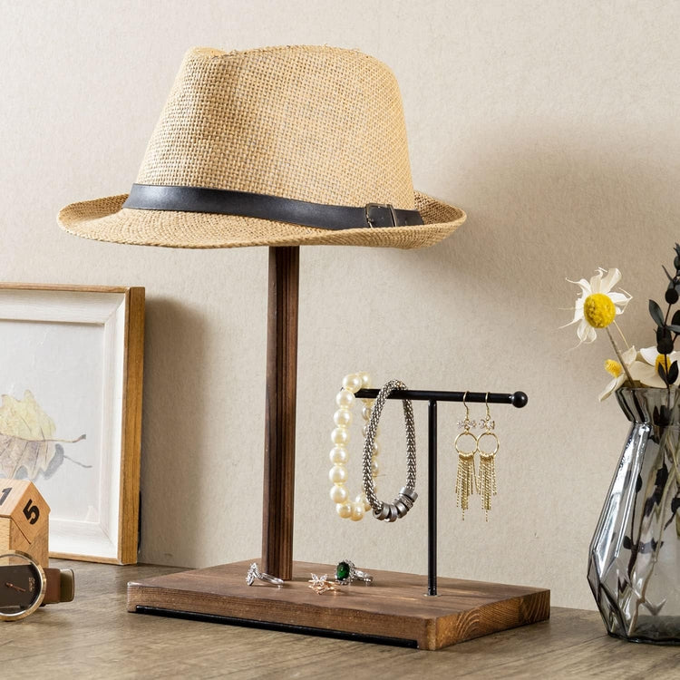 Burnt Wood Hat Rack with Black Metal Wire Jewelry Stand, Tabletop Vanity Display for Watches, Bracelets, Earrings