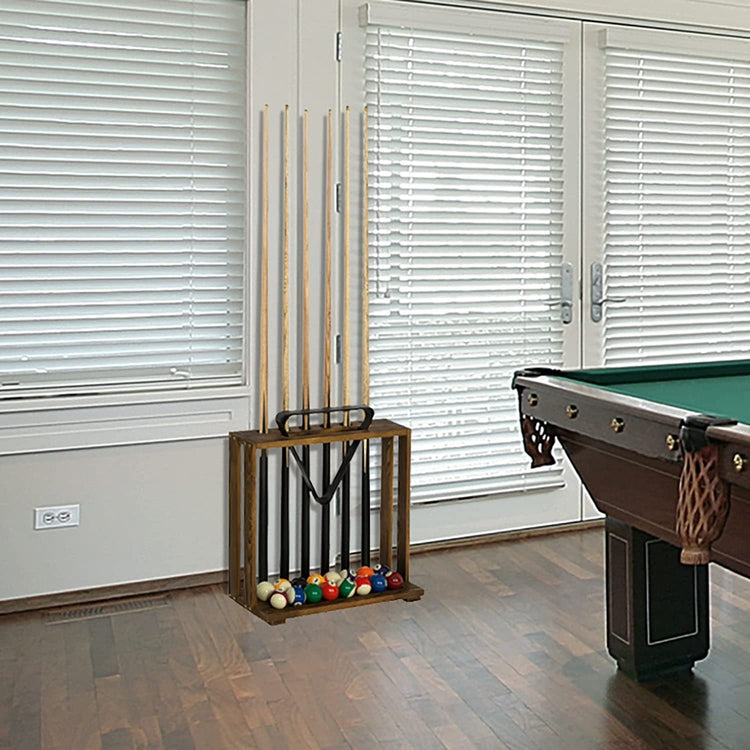 Burnt Solid Wood Freestanding Billiards Pool Cue Organizer with Ball Storage and Triangle Rack Slot