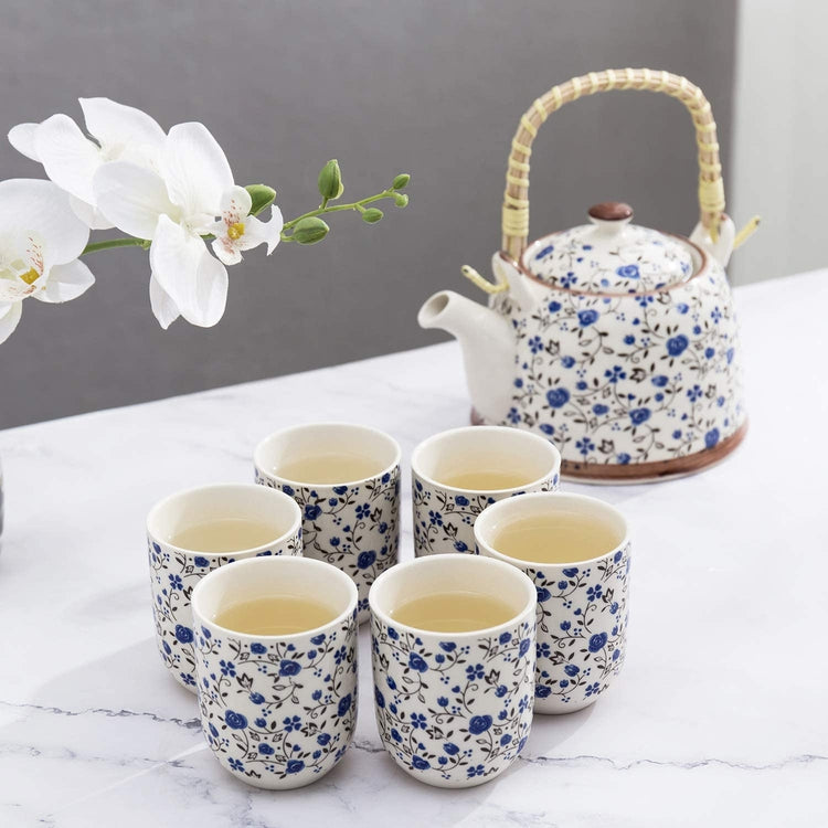Blue Roses Japanese Tea Service Set with Teapot and Bamboo Top Handle, 1 Leaf Strainer and 6 Teacups