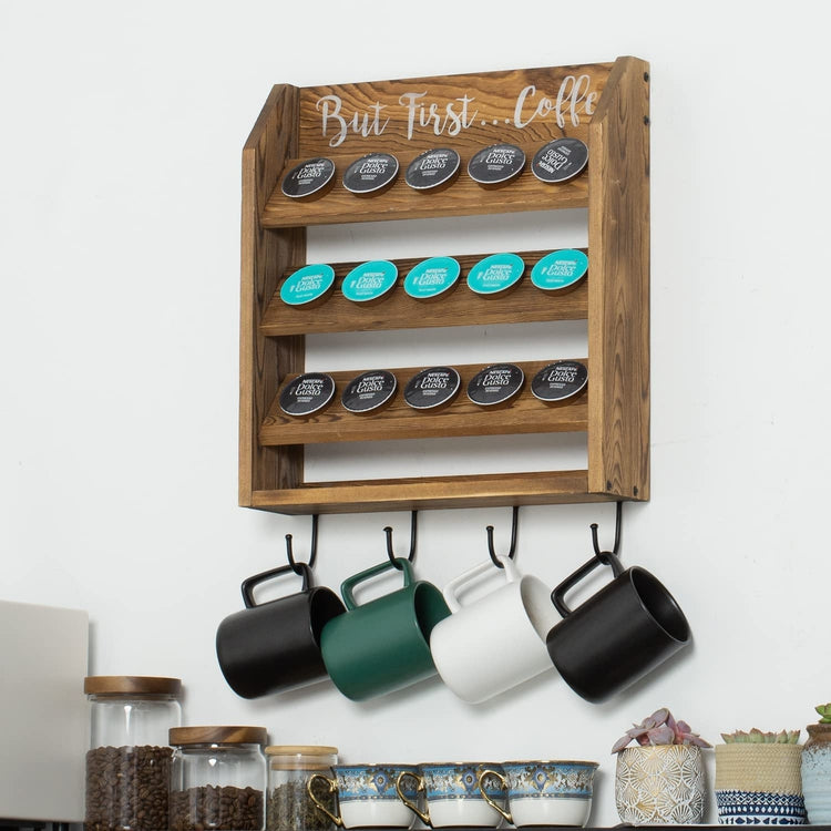Wall Mounted Coffee Bar Organizer, Burnt Wood Coffee Pods Holder Storage Rack with Mug Hooks and But First...Coffee Sign-MyGift